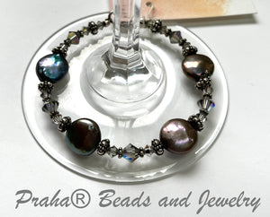 Gray Freshwater Pearl and Swarovski Crystal Bracelet in Sterling Silver
