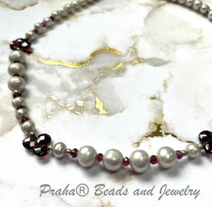 Gray Freshwater Pearl and Garnet Necklace in Sterling Silver