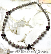 Load image into Gallery viewer, Gray Freshwater Pearl and Garnet Necklace in Sterling Silver
