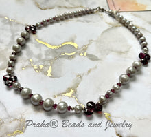 Load image into Gallery viewer, Gray Freshwater Pearl and Garnet Necklace in Sterling Silver
