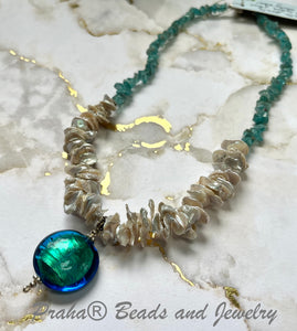 Teal Murano Glass and Pearl Necklace in Sterling Silver