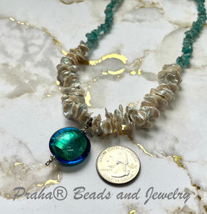 Teal Murano Glass and Pearl Necklace in Sterling Silver