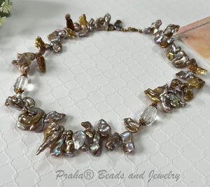 Bronze Baroque Pearl and Crystal Quartz Necklace in 14K Gold Fill
