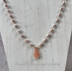 Pink Chalcedony and Mauve Freshwater Pearl Necklace in 14K Gold Fill