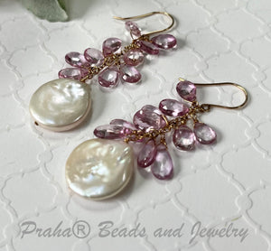 Large White Coin Pearl and Pink Topaz Earrings in 14K Gold Fill