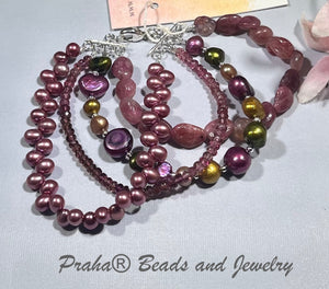 4-Strand Pink Tourmaline and Freshwater Pearl Bracelet in Sterling Silver