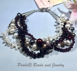 4-Strand Garnet and Freshwater Pearl Bracelet in Sterling Silver