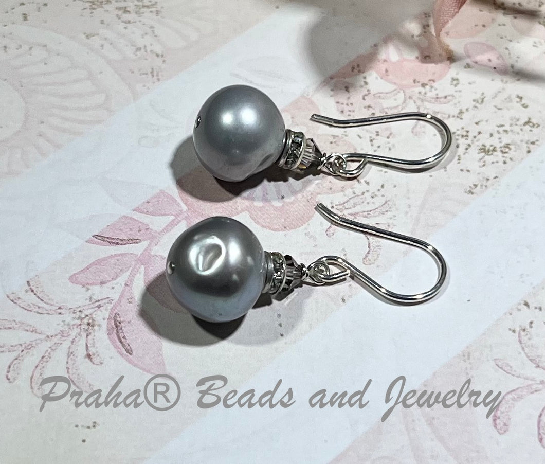 Large Grey Freshwater Pearl Earrings in Sterling Silver SPECIAL PRICE