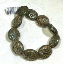 Load image into Gallery viewer, Czech Puffed Oval Green/Bronze Etched Glass Beads
