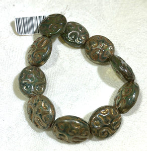 Czech Puffed Oval Green/Bronze Etched Glass Beads