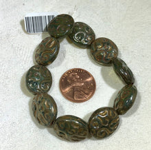 Load image into Gallery viewer, Czech Puffed Oval Green/Bronze Etched Glass Beads
