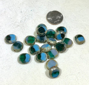 Oval Etched Green/blue/beige Beads, Czech 10MM
