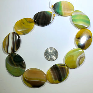 Huge Yellow and Green Oval Natural Stripe Agate Beads, 38 MM x 26 MM
