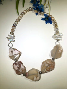 Cherry Blossom Agate and Pastel Freshwater Pearl Necklace in Sterling Silver
