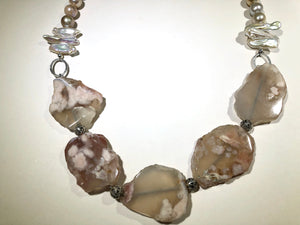 Cherry Blossom Agate and Pastel Freshwater Pearl Necklace in Sterling Silver