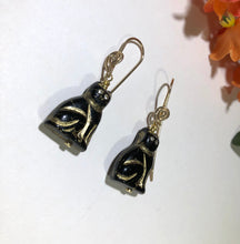 Load image into Gallery viewer, Black and Gold Czech Glass Cat Earrings in 14K Gold Fill
