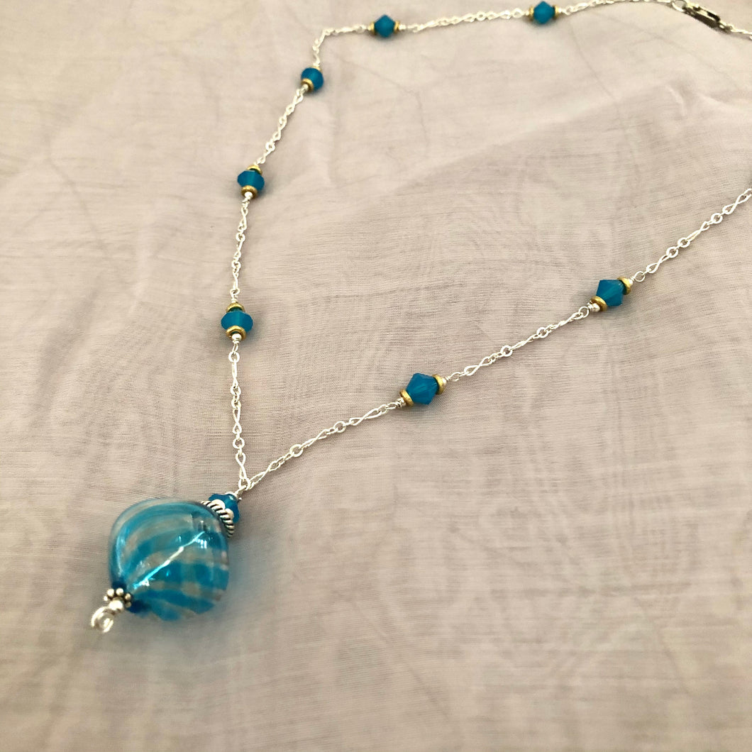 Light Blue and Gold Venetian Mouth Blown Necklace in Sterling Silver