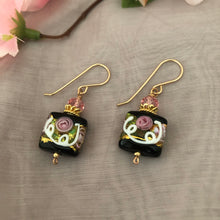 Load image into Gallery viewer, Square Black Murano Glass, Venetian Foil Earrings in 14K Gold Fill
