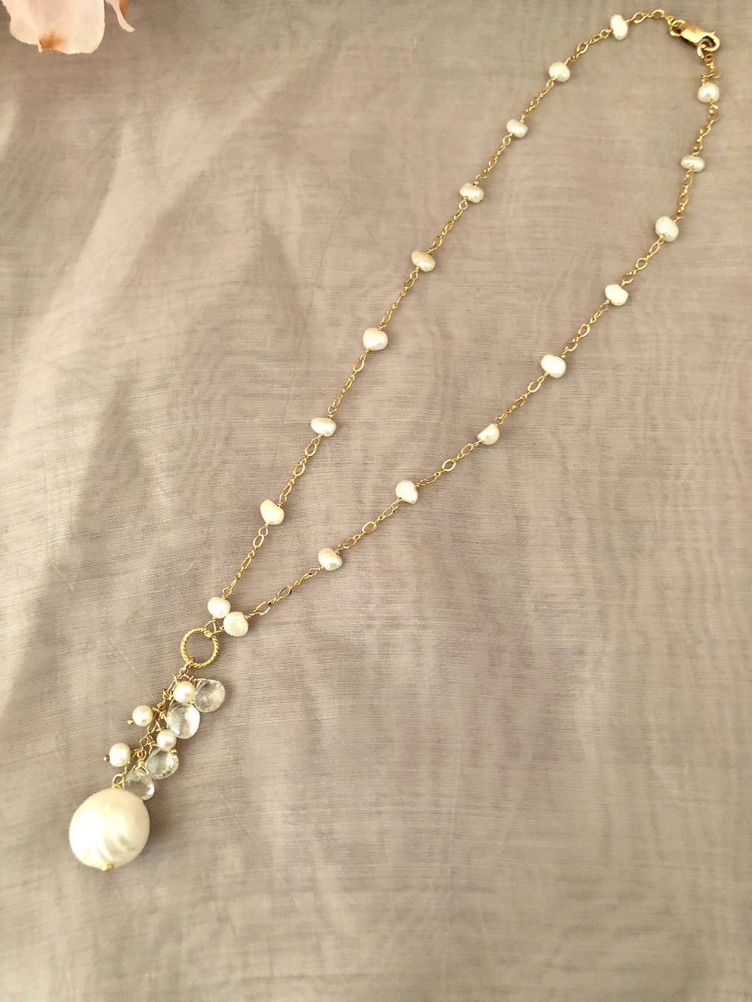 Freshwater Pearl and White Topaz Bridal Necklace in 14K Gold Fill