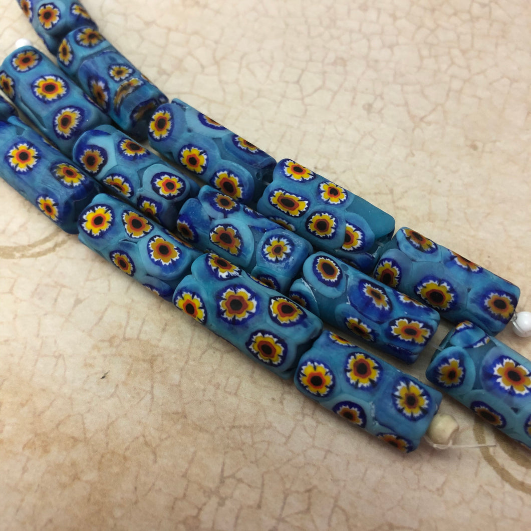 Millefiori Tube Beads, Blue and Yellow, 18MM x 8MM