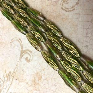 Czech Green and Gold "Corn Cob" Beads