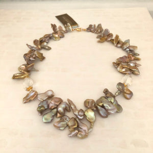 Bronze Baroque Pearl and Crystal Quartz Necklace in 14K Gold Fill