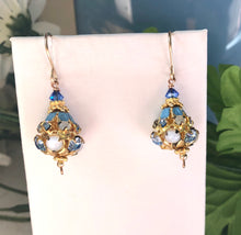 Load image into Gallery viewer, Vintage Austrian Blue Crystal Earrings in 14K Gold Fill
