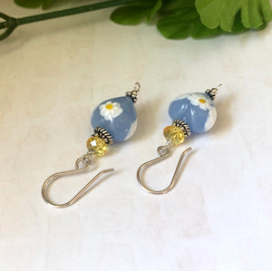 Blue and Yellow Heart Shape Murano Glass Earrings with Swarovski Crystals in Sterling Silver
