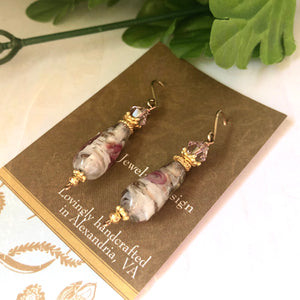 Czech Flower Lampwork Drop Earrings with Swarovski Crystals in 14K Gold Fill
