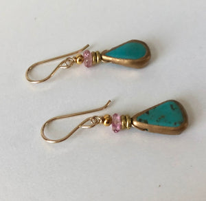 Faux Turquoise and Gold Earrings, Pink Topaz in 14K Gold Fill