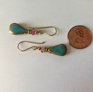 Faux Turquoise and Gold Earrings, Pink Topaz in 14K Gold Fill