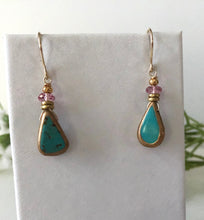 Load image into Gallery viewer, Faux Turquoise and Gold Earrings, Pink Topaz in 14K Gold Fill
