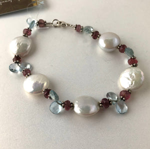 White Coin Pearl Bracelet with Tourmaline and Swiss Blue Topaz in Sterling Silver