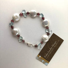 Load image into Gallery viewer, White Coin Pearl Bracelet with Tourmaline and Swiss Blue Topaz in Sterling Silver
