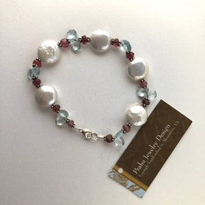 White Coin Pearl Bracelet with Tourmaline and Swiss Blue Topaz in Sterling Silver
