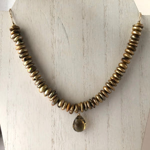 Smoky Quartz Pendant and Bronze "Pearl" Necklace