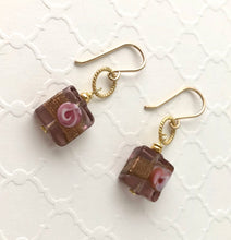 Load image into Gallery viewer, Square Copper and Pink Venetian Glass Earrings in 14K Gold Fill
