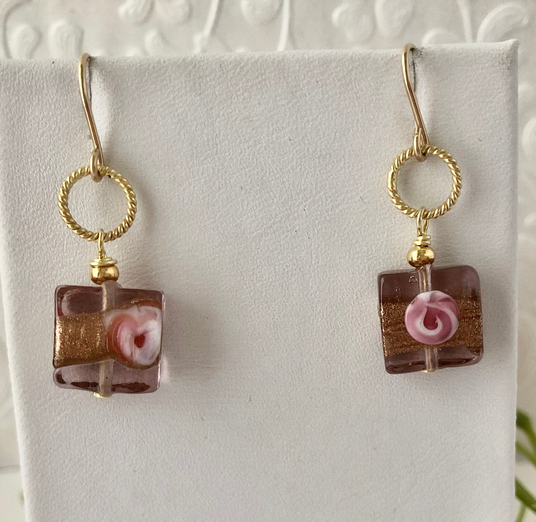 Square Copper and Pink Venetian Glass Earrings in 14K Gold Fill