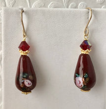 Load image into Gallery viewer, Czech Maroon Lampwork Drop Earrings with Swarovski Crystals in 14K Gold Fill
