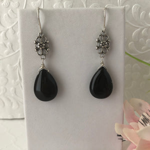 Black Agate Dangle Earrings in Sterling Silver