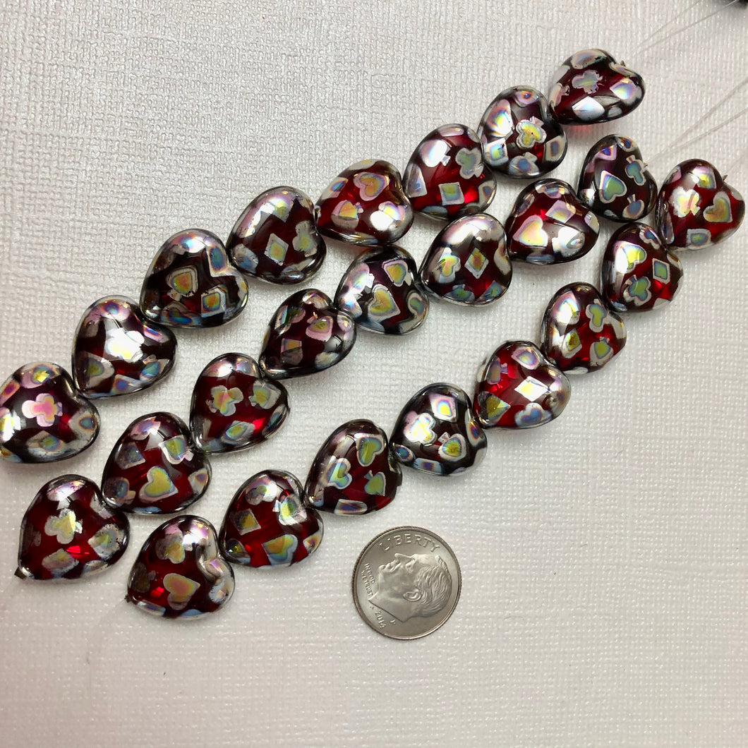 Red Puffed Glass Heart Rainbow Beads, Czech 15MM