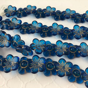 Bright Blue and Gold Glass Hibiscus Flowers, Czech 15MM