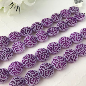 Purple/White Puffed Coin Beads, Czech 14MM