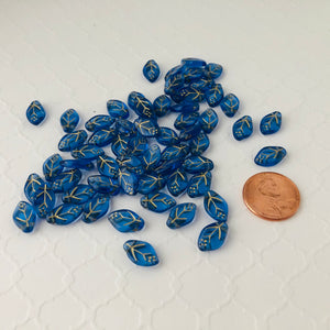 Bright Blue Glass Leaf Beads, Czech 12MM