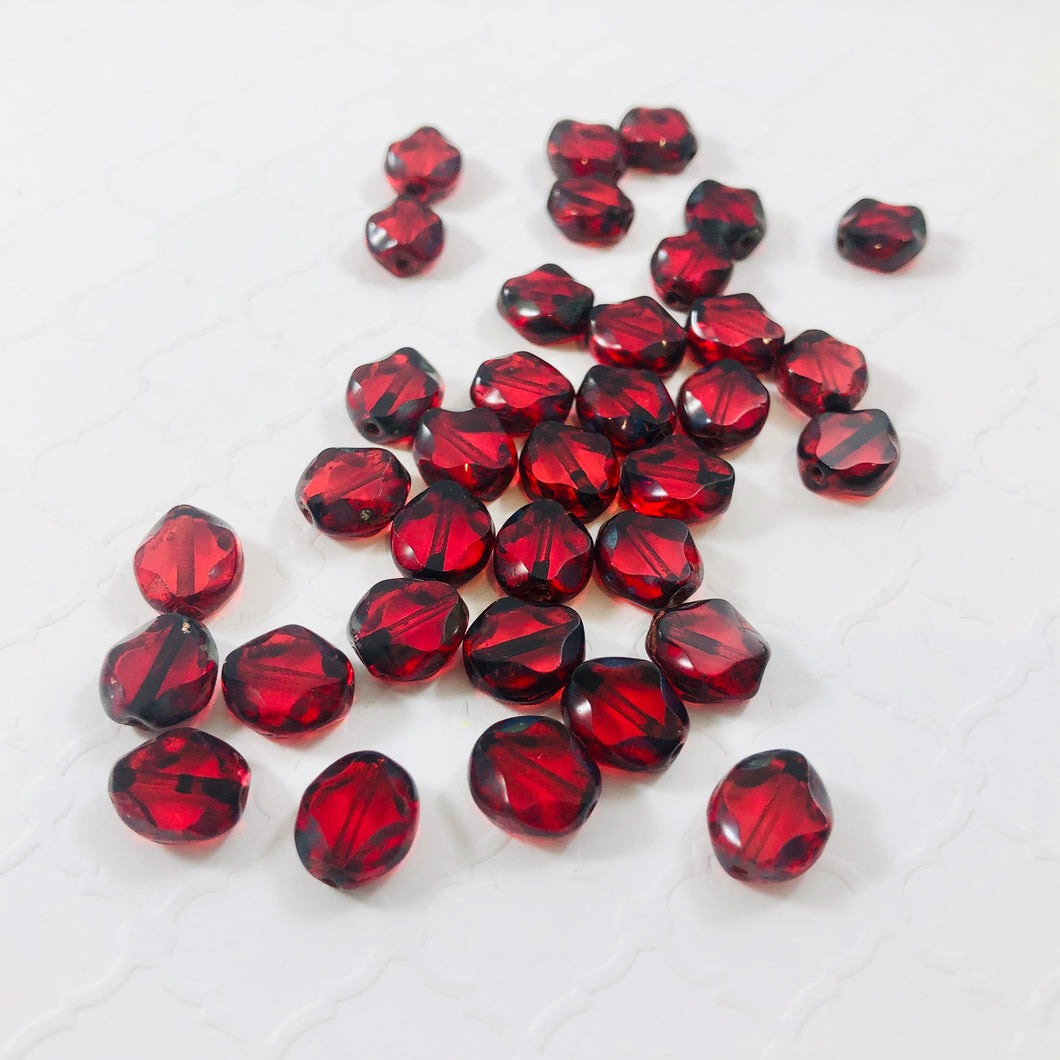Red, Flat Oval Stained Glass Bead, Czech 10MM