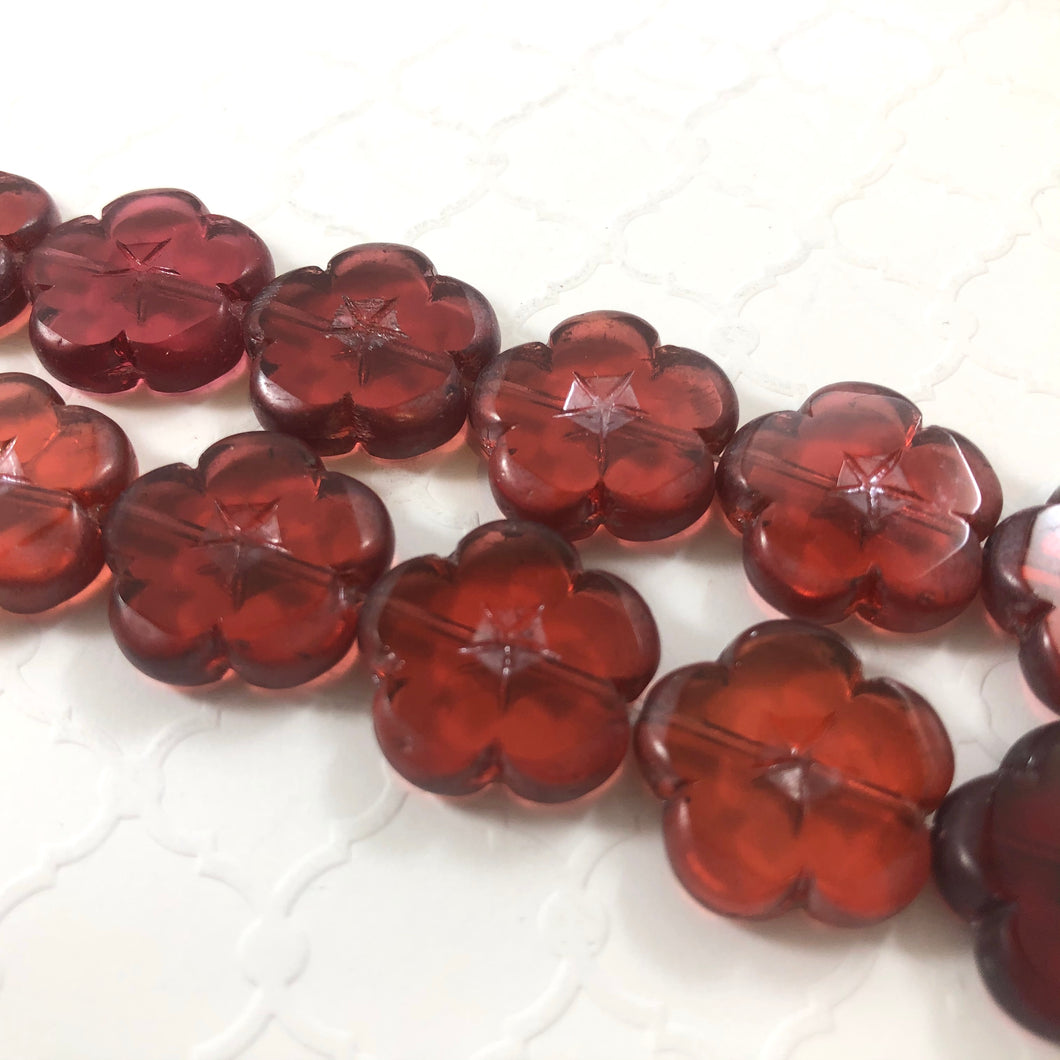 Etched Cranberry Red Glass Flower Bead, Czech 25MM