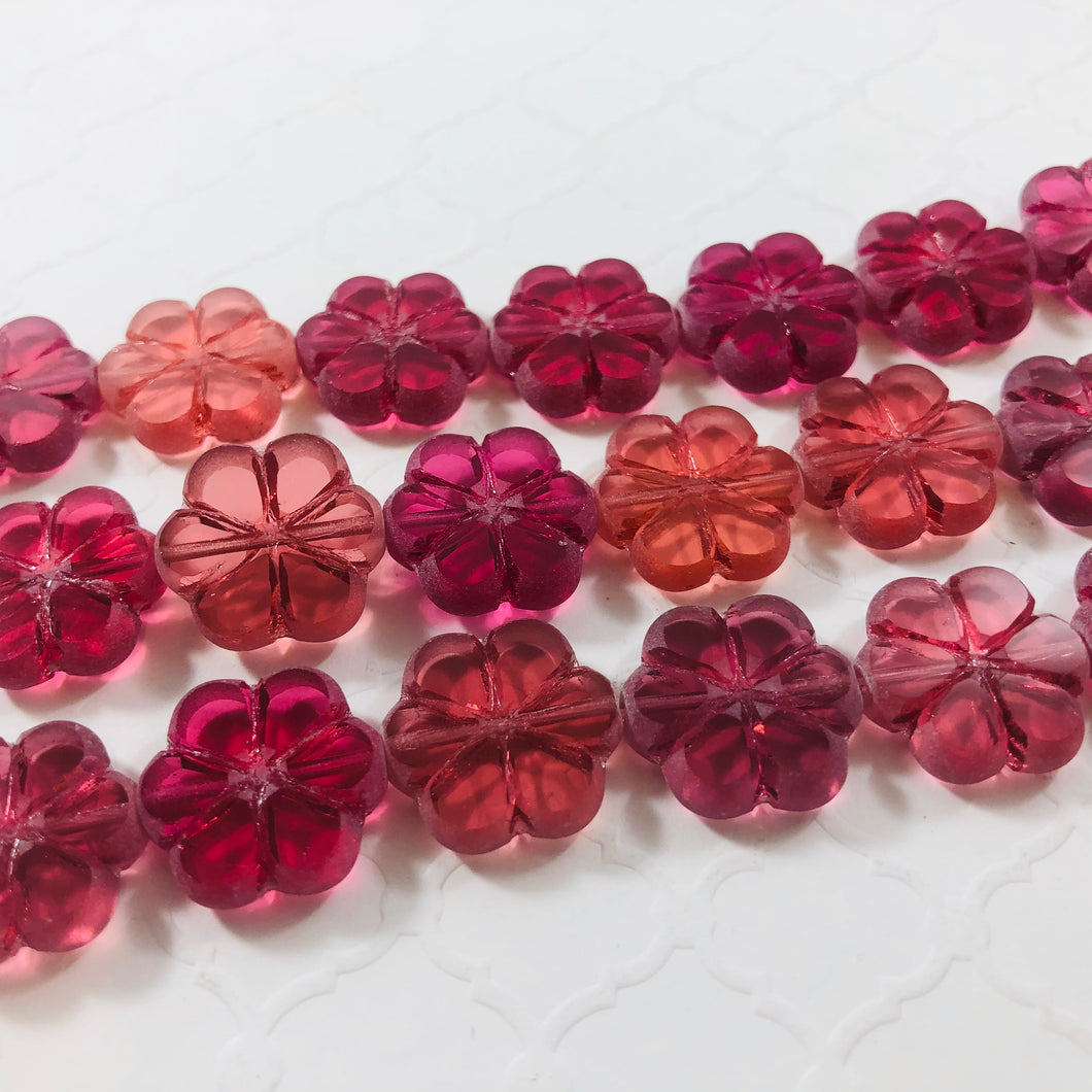 Etched Cranberry Glass Flower Bead, Czech 16MM
