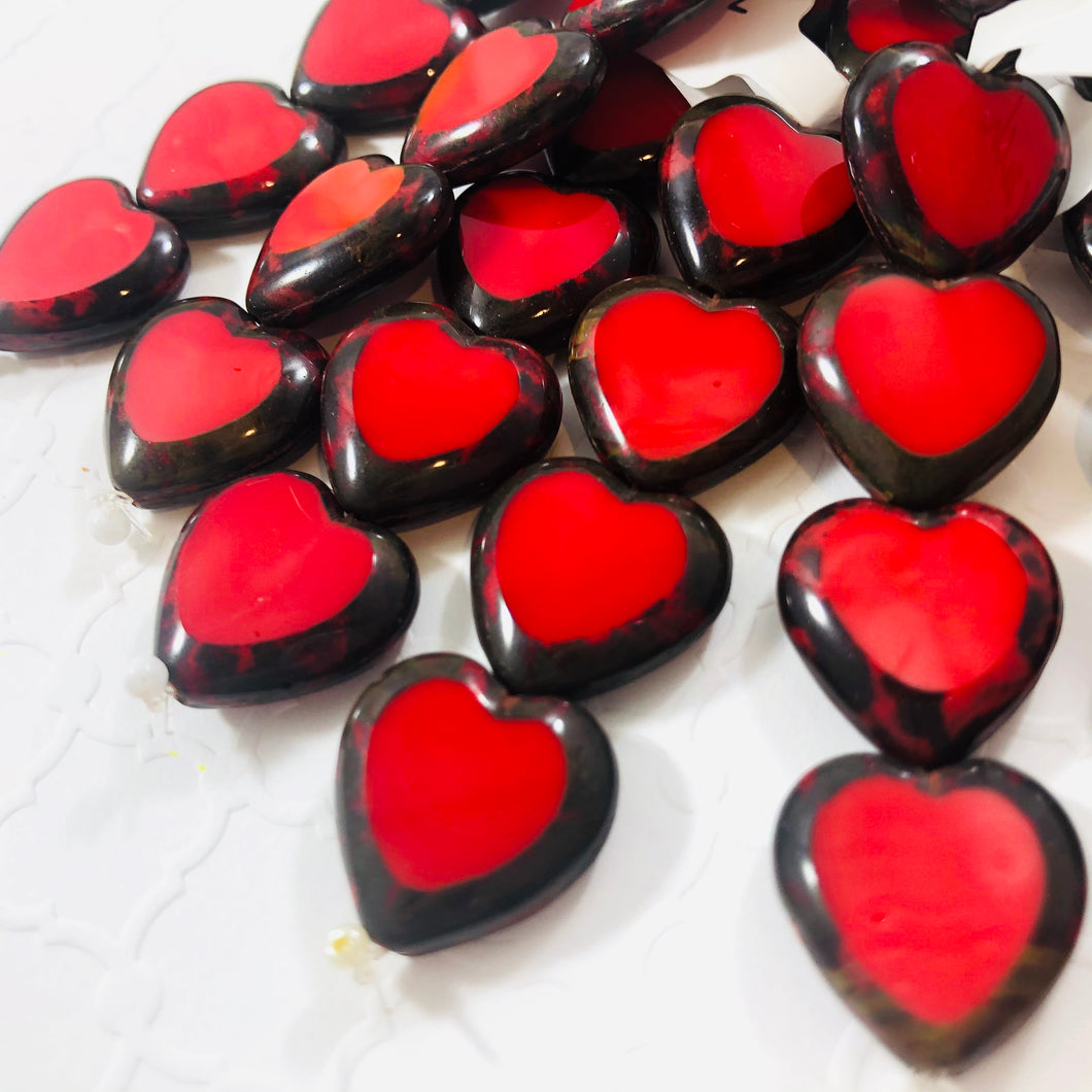 Solid Red Heart Table Cut Window Beads, Czech 14MM