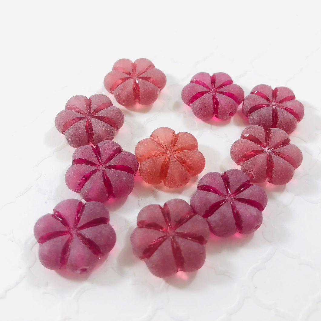 Etched Cranberry Glass Puffed Flower Beads, Czech 15MM