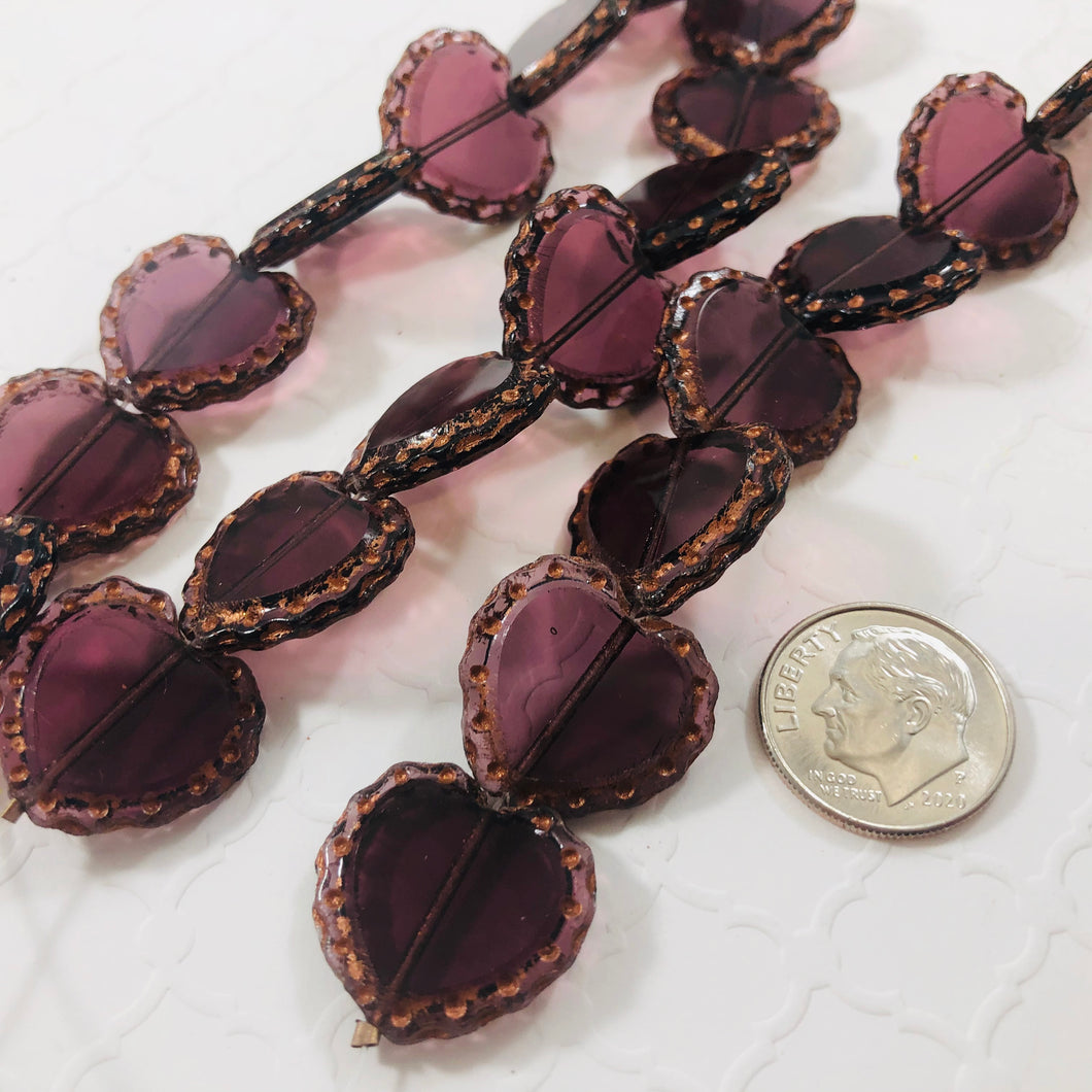 Dark Purple Heart Table Cut Window Beads, Czech 17MM